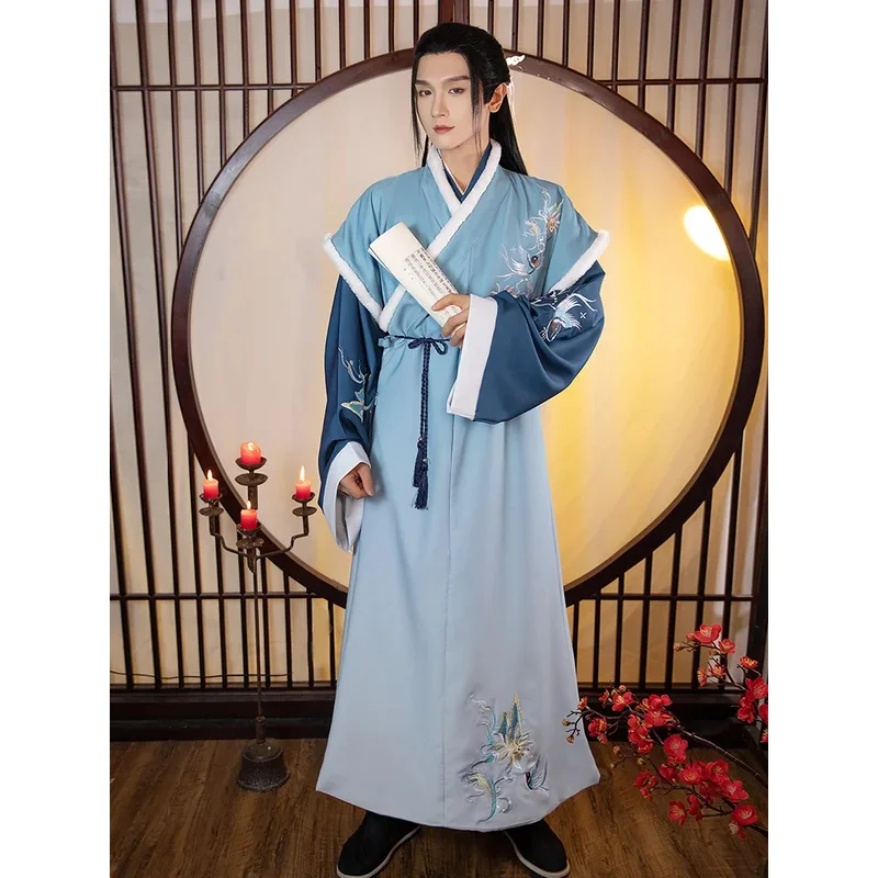 

Оригинальное красно-синее платье ханьфу, мужской традиционный костюм с вышивкой и перекрестным воротником, винтажный ночной фехтовальщик, одежда для косплея1;w'2,c.