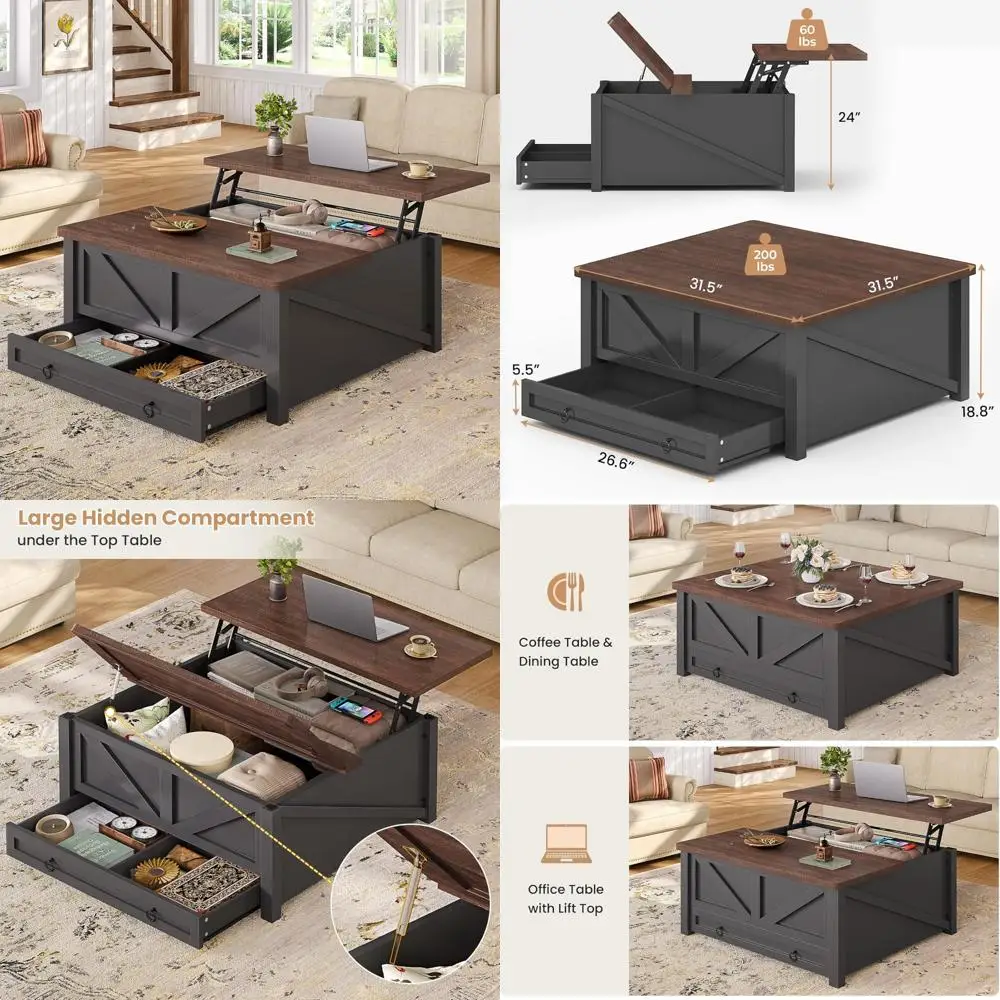 

Lift-Top Storage Square Coffee Table with Drawers and Hidden Compartment, Centerpiece for Living Room