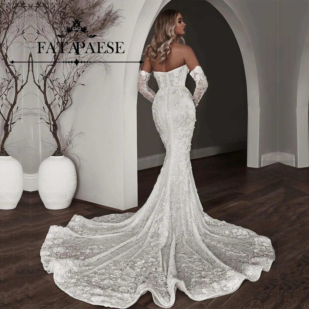 

FATAPAESE Customi Wedding Dress Lace Appliques Crystals Beaded Bodice Long Sleeve Off-shoulder Chapelle Taill Bridal Gown