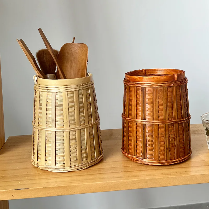 

Bamboo Storage Basket Multifunctional Tea Ceremony Organizer & Vintage Writing Brush Holder for Desktop Decor Photography Props‌