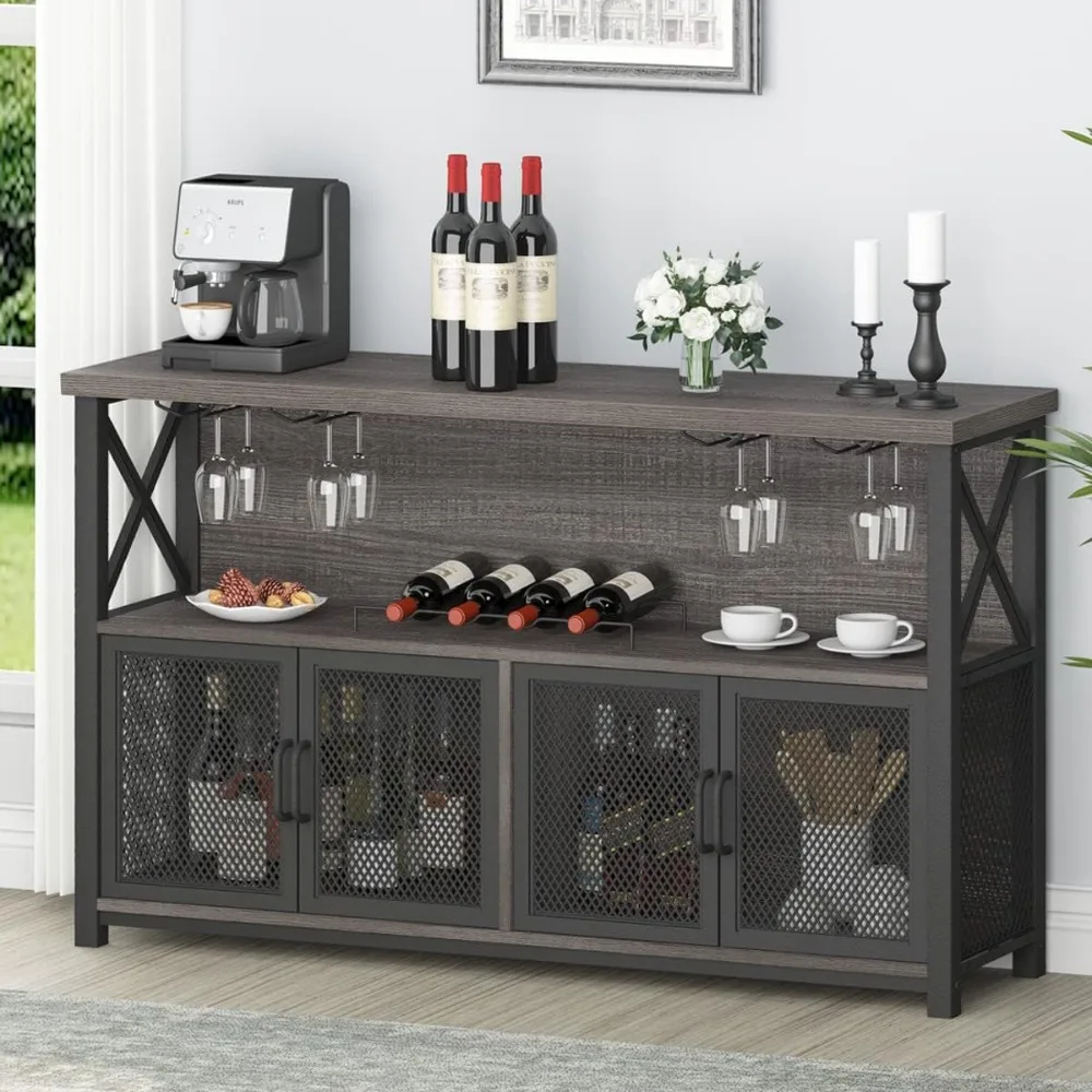 

LVB Wine Bar Cabinet, Industrial Sideboard Buffet/Coffee Bar Cabinet for Liquor and Glasses, Farmhouse Metal Wood Rack Cabinet