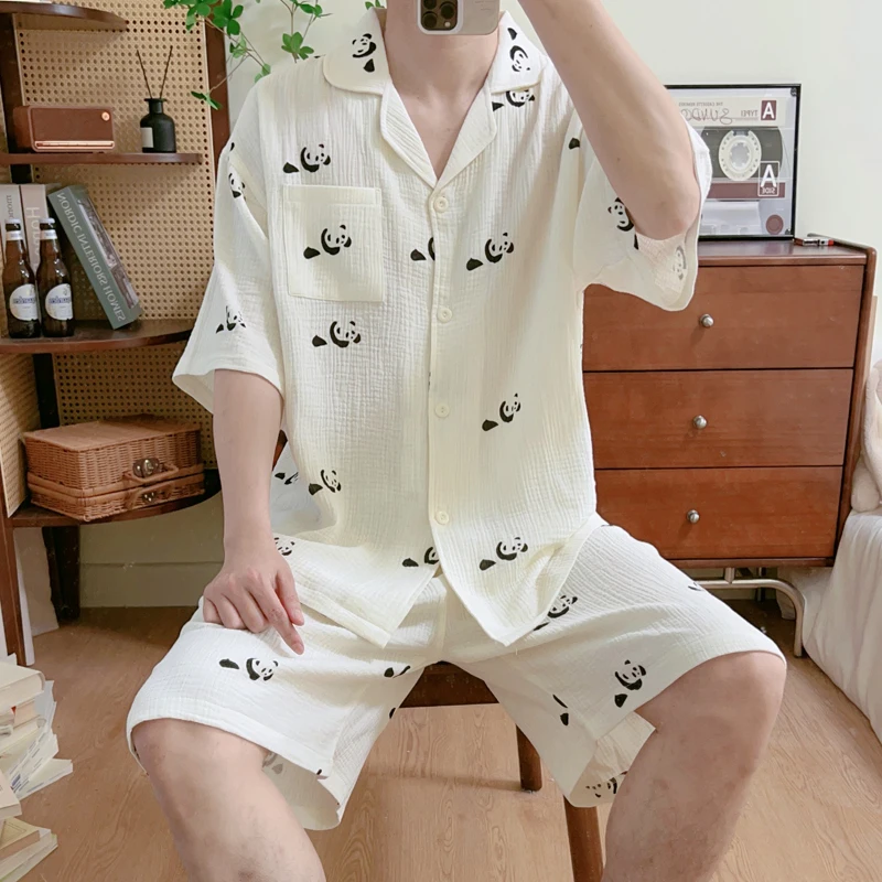 

DAIMELU large size pure cotton women's pajamas men's summer short-sleeved panda cartoon loose fat middle-aged loungewear set