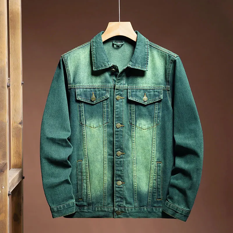 

M-7XL retro washed green denim coat for men 2024 new fashionable high-end casual loose plus size nostalgic Y2K jacket