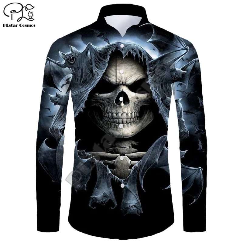 Neues hawaiian isches Hemd 3d Druck Halloween-Serie Sensenmann Schädel Geist Katze Langarm Shirt lässig Unisex Shirt W-5