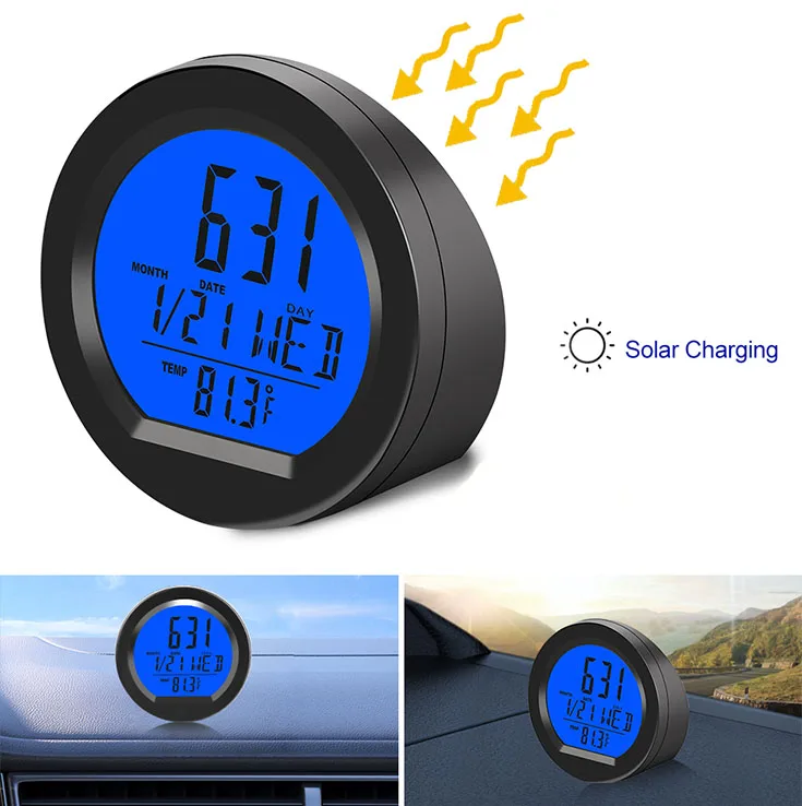 バックライト付き自動車用電子時計,ソーラーカークロック,ダッシュボード,温度計,LEDデジタル表示時間,カーアクセサリー