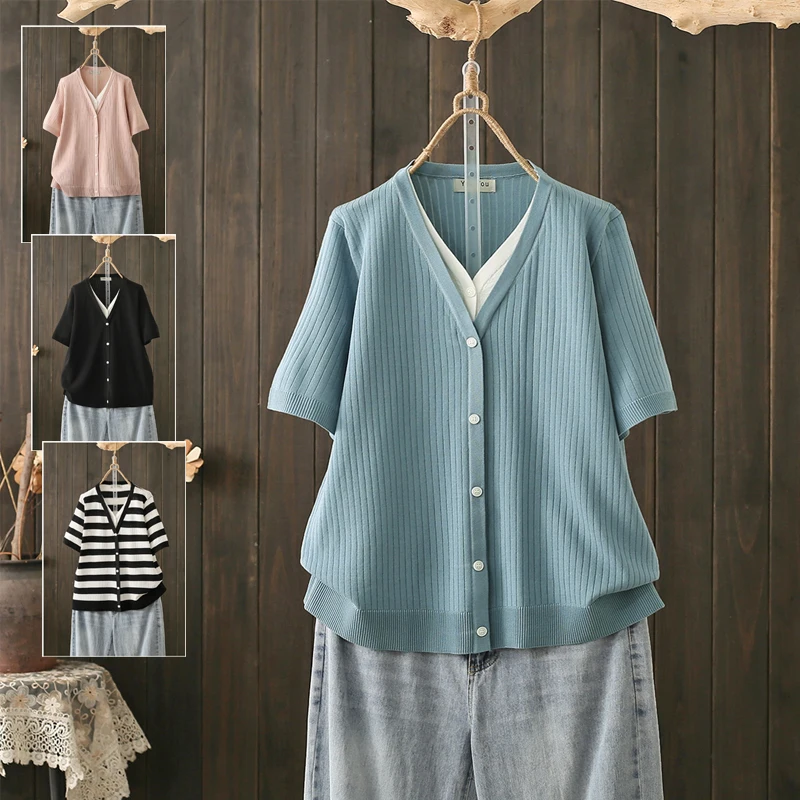 

Summer Large Size 200 Pounds Fake Two-Piece Thin Knitted Top Loose And Slimming V-Neck Ice Silk Short Sleeve T-Shirt