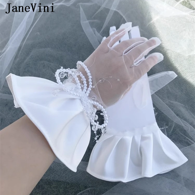 JaneVini Luva Vintage Women Gloves Pearl Beading Bridal Wedding Gloves Tulle Satin Short Wrist Bride Gloves Gants Mariee Perle