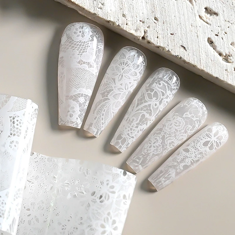 1/10 Rolo de Adesivos de Unha com Estampa de Flor em Renda Preta e Branca, Estilo Retrô Floral Céu Estrelado, Acessórios de Decoração para Manicure