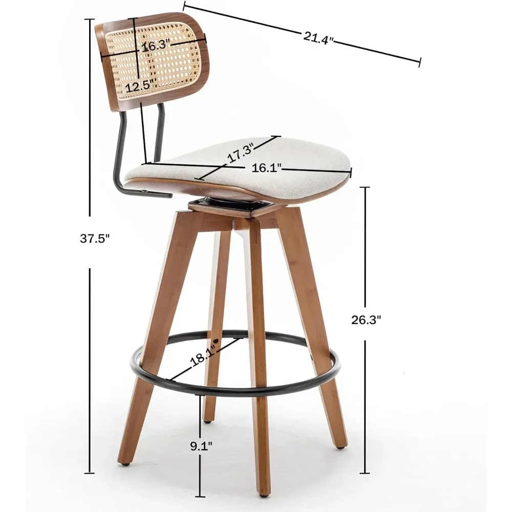 Sgabelli da Bar in Rattan da 26 "Set di 2, sgabelli da Bar girevoli in tessuto di lino con schienale in Rattan e gambe in legno, tessuto arancione