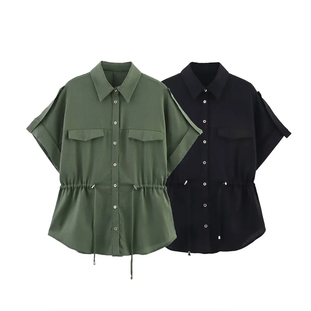 

Green Black Polo Collar Short Sleeves Single Breasted Drawstring Design Waist Tight Women Loose Shirt New
