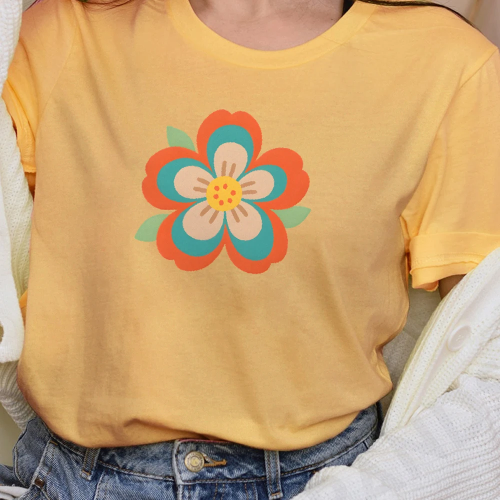 

Y2K Women‘s Clothes Cotton Casual T-Shirt Crew Neck Graphic Tees Street Wear Colorful Cute Cartoon Vintage Flower&Leaves