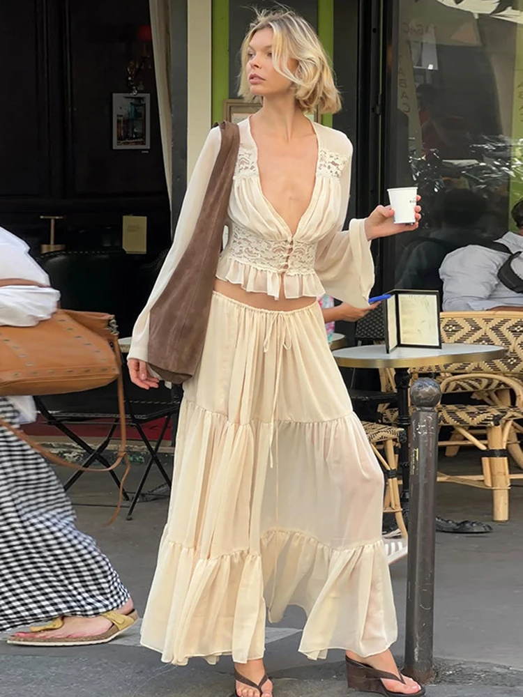 Fantoye-Conjunto de falda de gasa transparente para mujer, retales de encaje, cuello en V, manga acampanada, cárdigan con volantes, falda larga con cordón, traje a juego