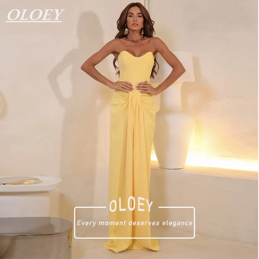 

OLOEY Simple Strapless Yellow Prom Dress Pleated Waist Mermaid Wedding Paty Gowns Customized Floor Length Vestidos De Fiesta