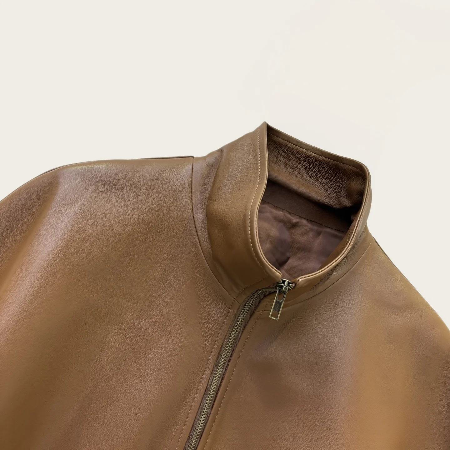 Women Oversized Brown Leather Poncho Jacket Stand Collar Zip Batwing Sleeve Outerwear