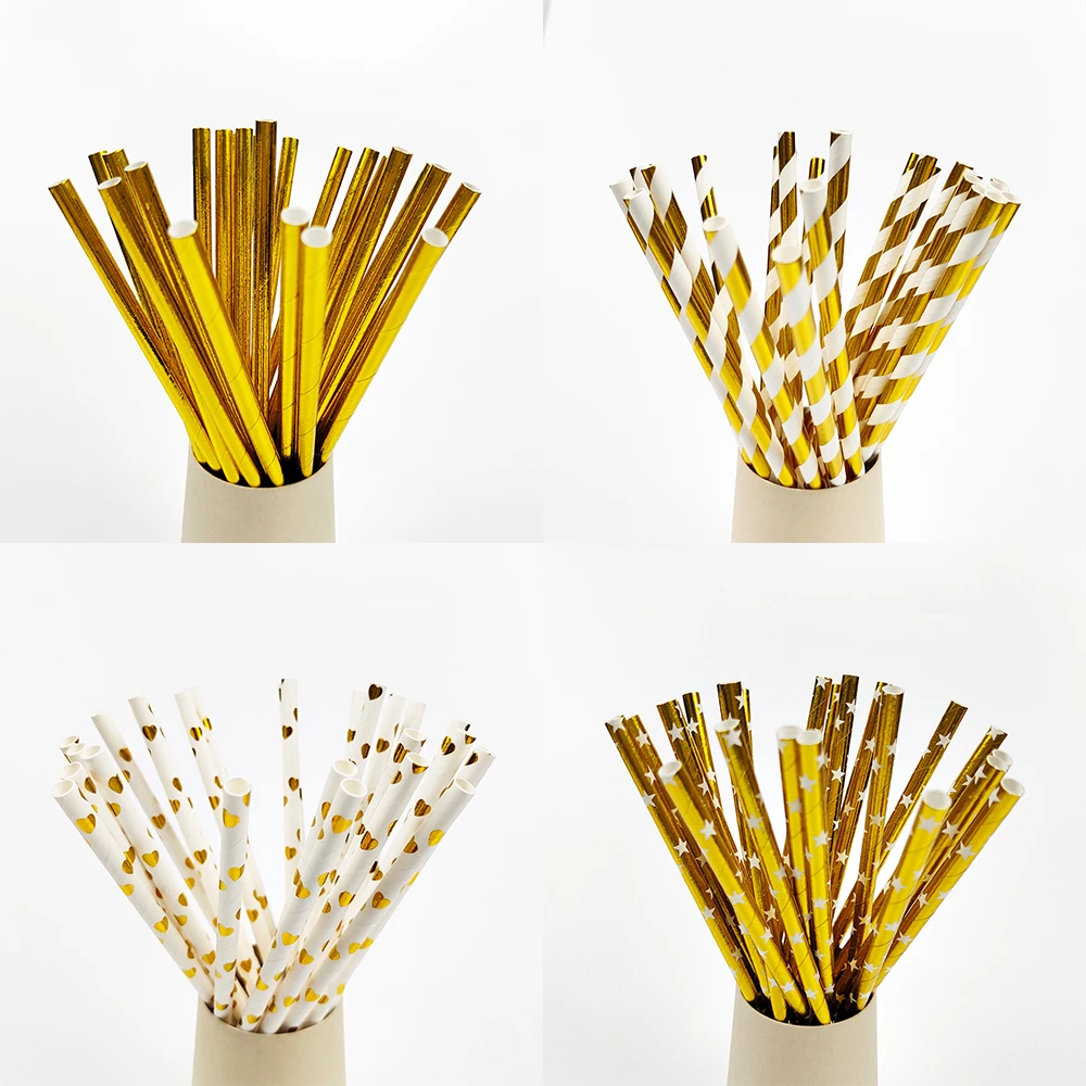 25pcs Gold Paper Straws Silver Rose Gold Disposable Drinking Straws Wedding Birthday Party Decoration Gold Tableware Supplies