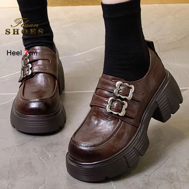 أسود بني منصة سميكة جلد طبيعي النساء أحذية عالية الكعب المتسكعون ربيع الخريف الرجعية تنوعا كعب خشن حذا فردي للسيدات