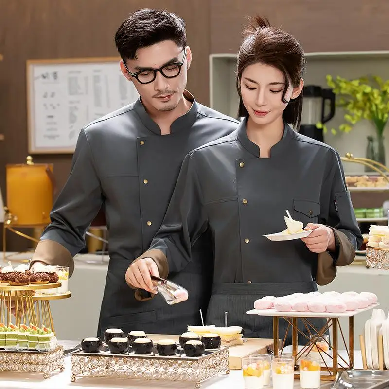 Spring And Autumn Chef Work Clothes Long Sleeve Color Blocked Cuffs Barbecue Western Restaurant Kitchen Workwear Print Logo