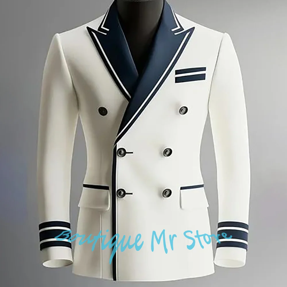 

White Naval-Style Men's Double-Breasted Blazer with Navy Blue Trim 1Piece Set Casual Chic Jacket Elegant Male Fashion Essentials