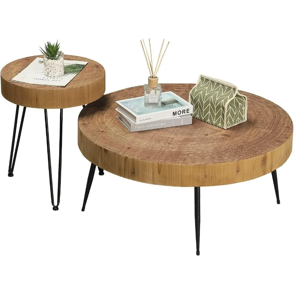 Cocktail Table Set, Modern Circle Natural Wood Finsh Side and End Table Sets for Living Room