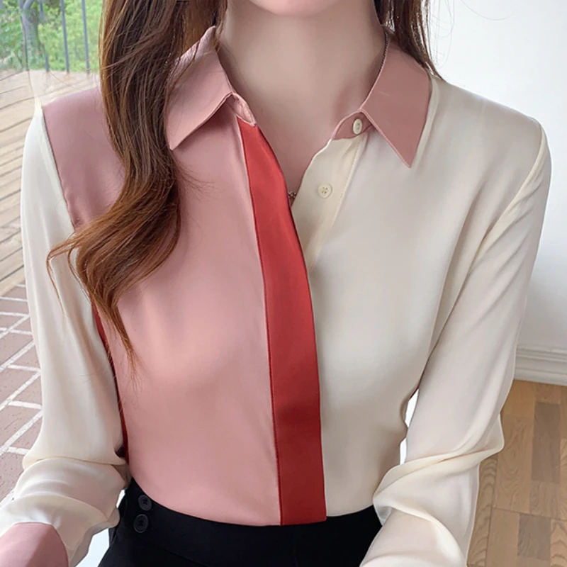 2023 New Color Matching Shirt Women Blouse Vintage Work Casual Tops Chiffon Blouse Long Sleeve Loose Women Business Shirt