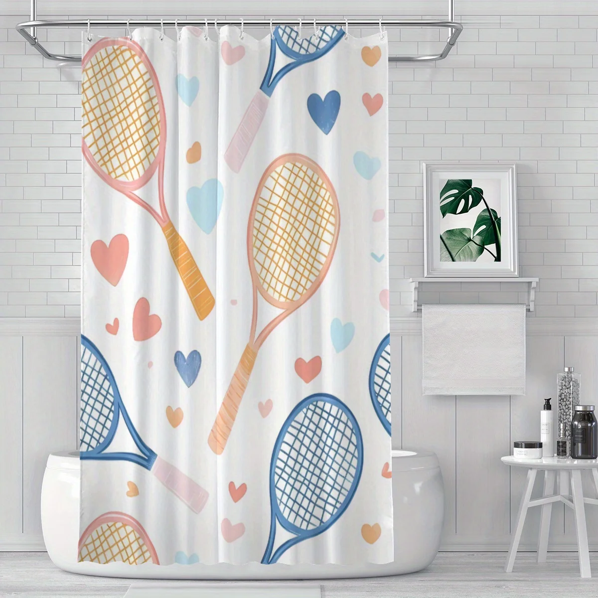 Tennis Racket & Hearts Shower Curtain Pastel Pink Blue Watercolor Style Polyester Bathroom Decor
