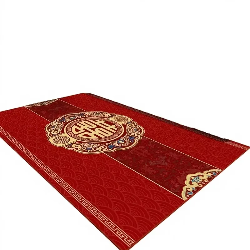 Red Chinese Wedding Velvet Area Rug Double Happiness Carpet Floor Mat Geometric Pattern Floor Mat Customizable Home Decor