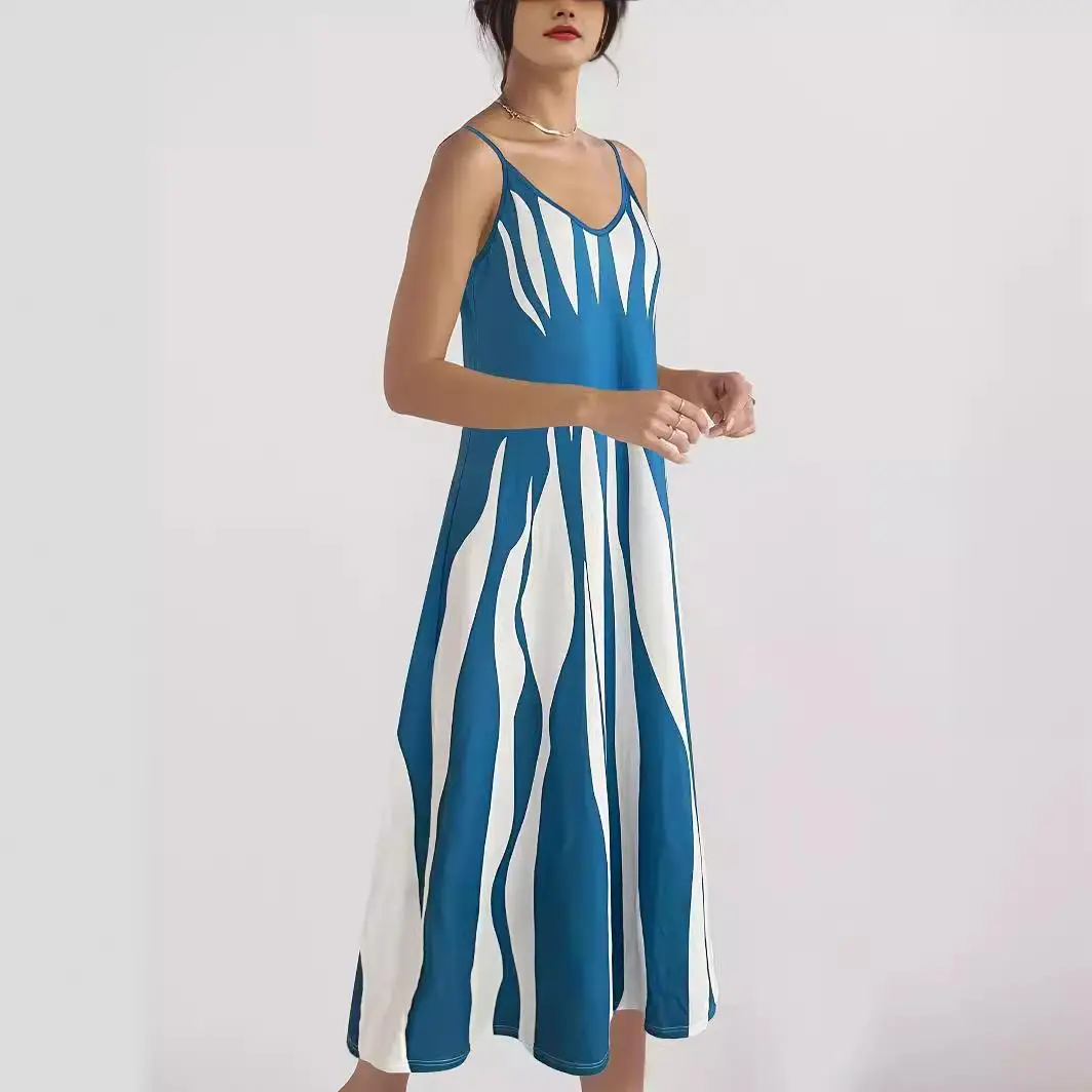 صيف غير رسمي جديد Sle نمط هندسي V-Ne Long Dr ثوب نسائي متوسط الخصر بدون Sve Tee-acetate Fiber Dr