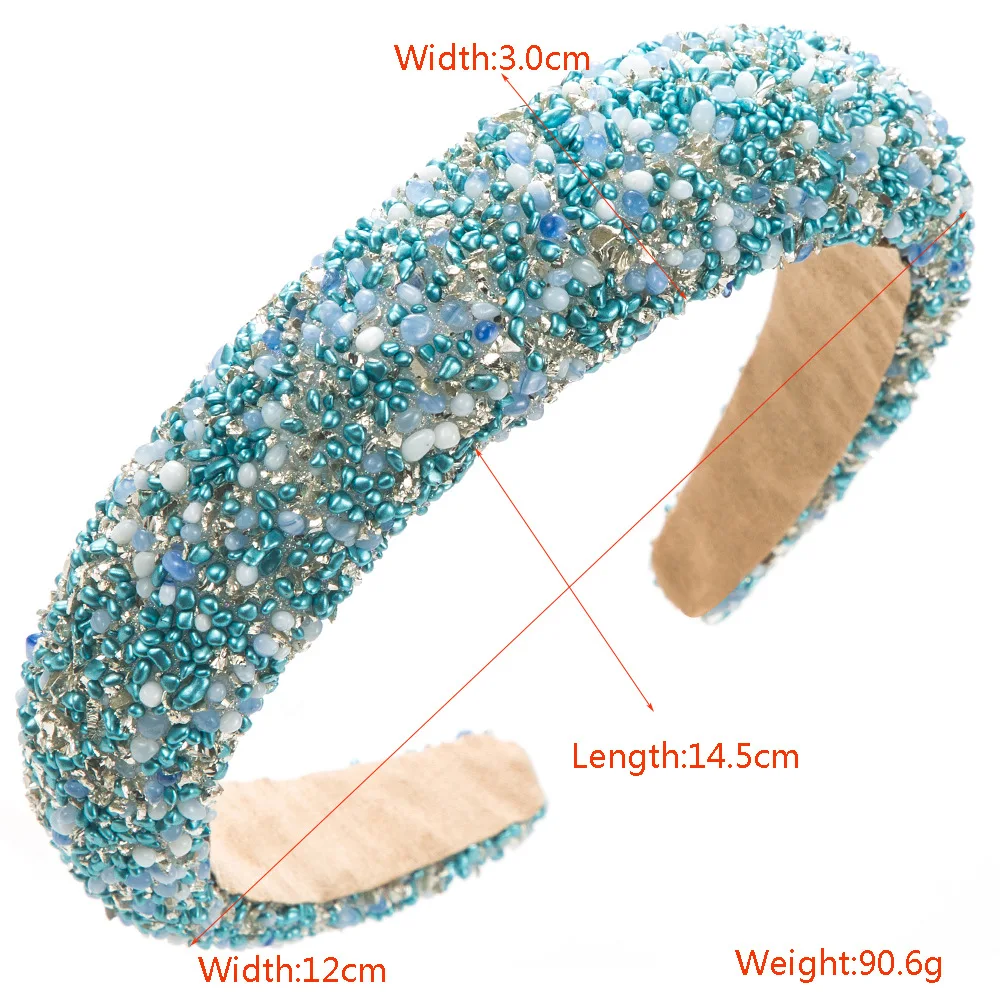 Blue Rhinestone Headband Padded Wide Hairband Glitter Crystal Pearl Headhoop Diamond Headbands for Women and Girls