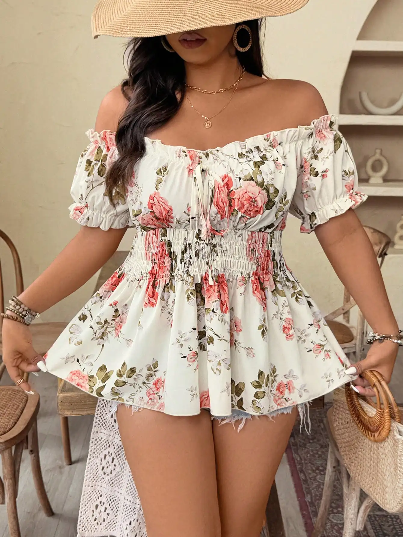 

Off Shoulder Floral Print Cinched Waist Blouse Top For Women Summer
