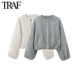 TRAF Women Fashion Autumn New Solid Color Soft Loose Pilot Jacket Long-sleeved Zip Round Neck Short Coats Chic Female Tops