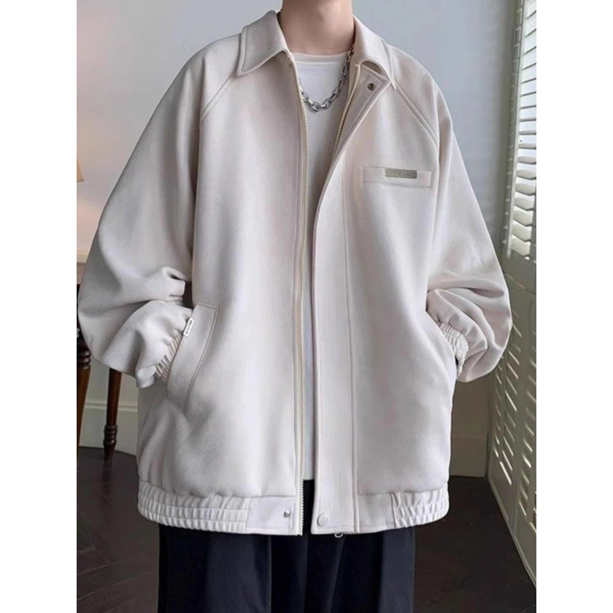 

Suede Texture Jaet Men's Spring Autumn Loose Casual Lapel Collar ket Decorated Design High-End Youth Faion Ci Sle