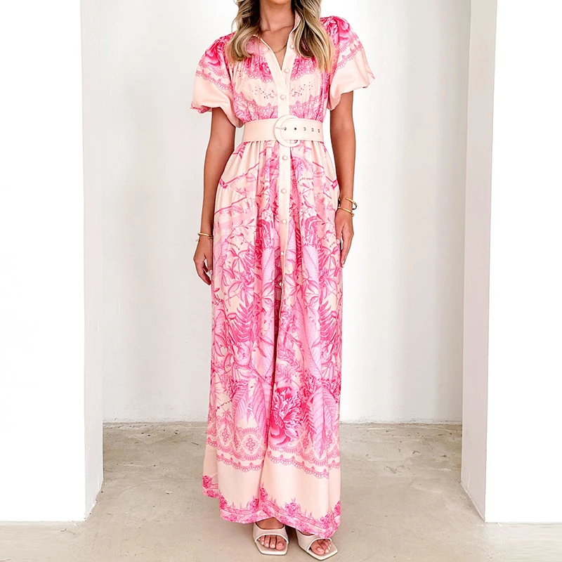 Casual Women's Lapel Shirt Dress Vintage Floral Print High Waist Long Dress Summer Single Breasted Short Sleeved Bohemian Dress
