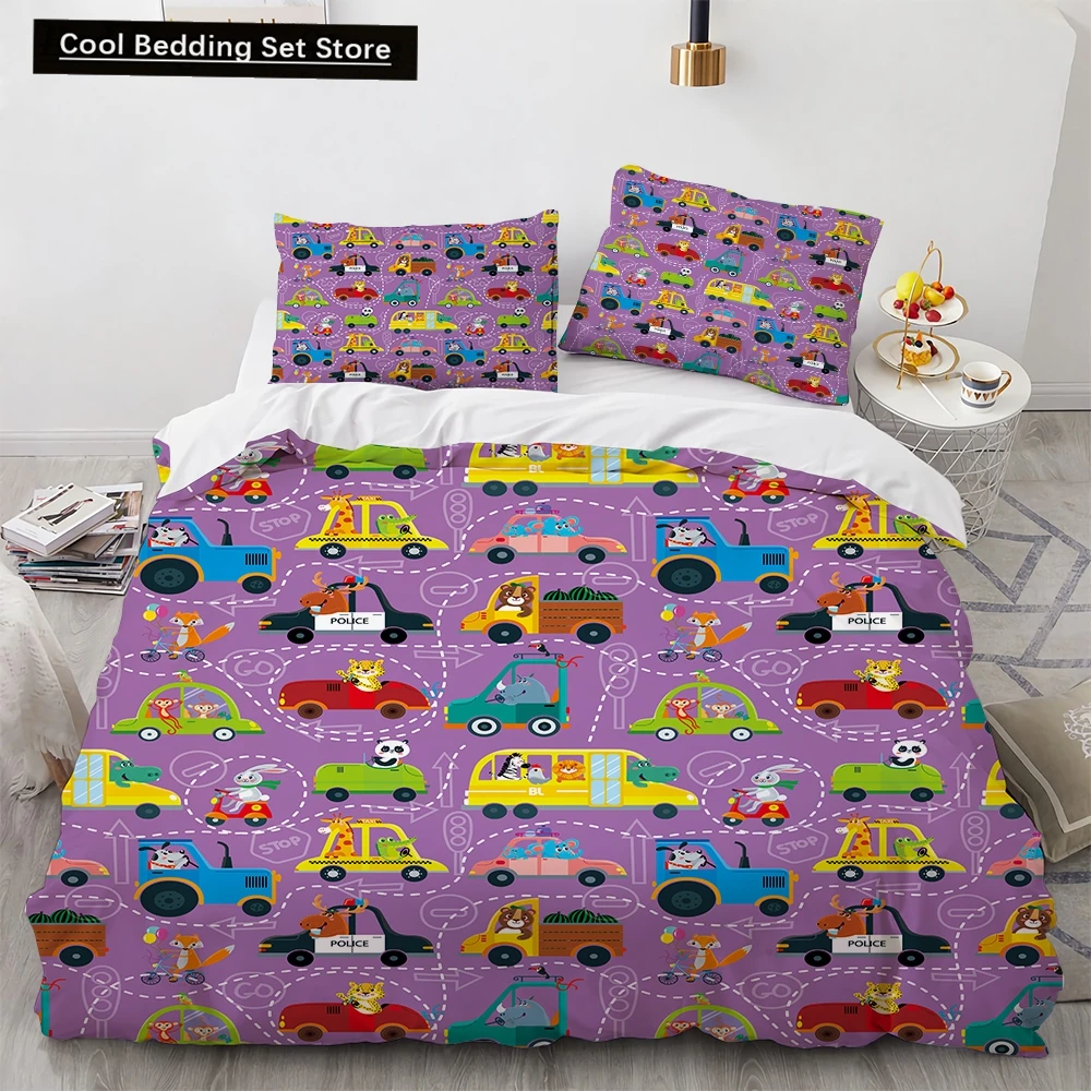 Cartoon Animals Toy Car Duvet Cover King Queen Lovely Frog Cat Rabbit Bedding Set for Kids Wildlife 2/3pcs Polyester Quilt Cover