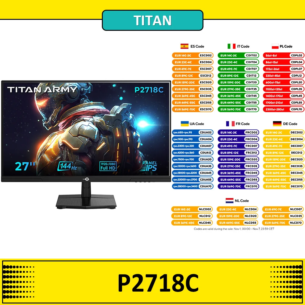 TITAN ARMY P2718C Flat, IPS, FHD 144Hz Refresh Rate, 16:9 Aspect Ratio, Gaming monitors, 27 Inches,350cd/m² (Typ), SRGB,250cd/m²