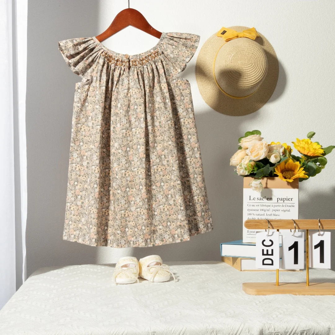 Blumen-Sommerkleid für Mädchen im Alter von 1, 2, 3, 4, 5, 6 Jahren, Smockdesign mit fliegenden Ärmeln, für Babys und Kleinkinder, tägliche süße Kleidung – Detail 16