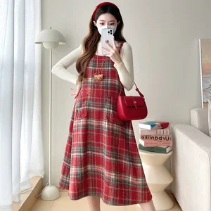 Ano novo chinês mulher grávida vestido vermelho ternos manga longa camisas finas + vestido de alça xadrez twinset plus size a linha terno de verão 10 principais vendas pregnant qipao - №7