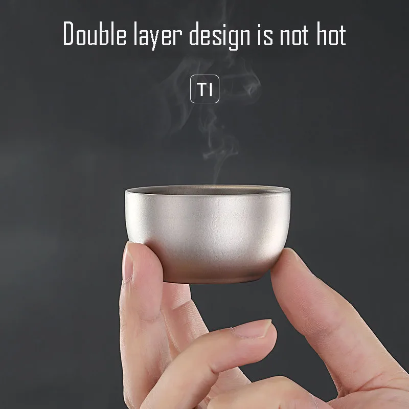 Kung Fu Tea Cup, Double Layer,Pure Titanium,Heat Insulation,Sand Blasting, Classic Simple, Home Outdoor, Small MUG, 4Pcs, 45ml