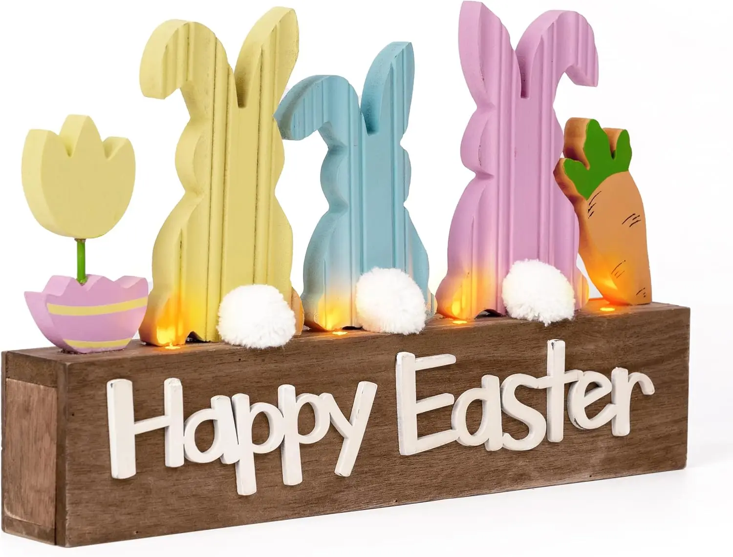 

LED Wooden Easter Decor with Bunny, 8 Inch Pink Blue Tabletop Home Decor for Living Room Shelf Tray