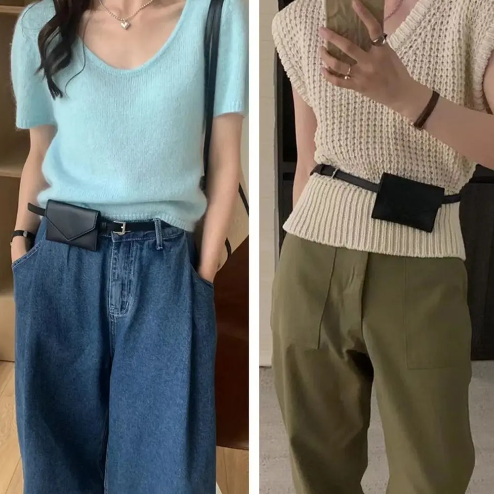 أنيقة الكورية نمط المرأة الخصر حقيبة بلون بولي حزام حزام مغلف الخصر حقيبة بطاقة جيب حقيبة صغيرة حافظة للبطاقات الصغيرة الإناث