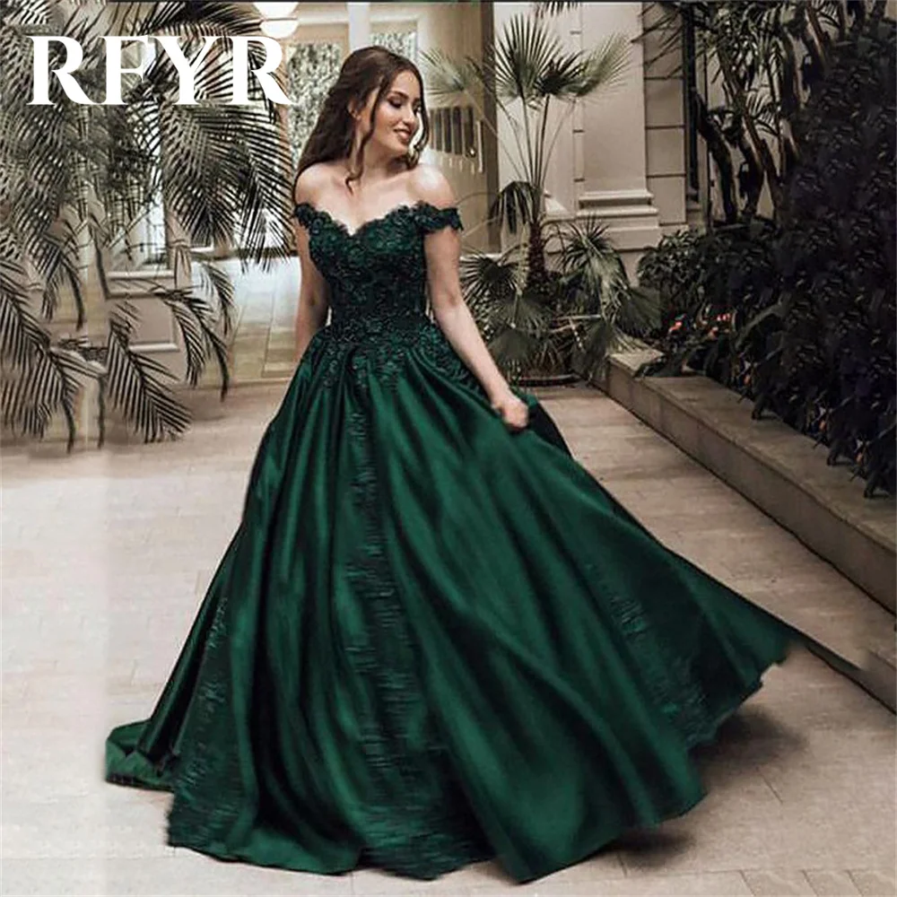 

RFYR Elegant Green Evening Dresses Off Shoulder Satin вечернее платье люкс With Lace Sweetheart Ball Gown Sweep Train Prom Dress