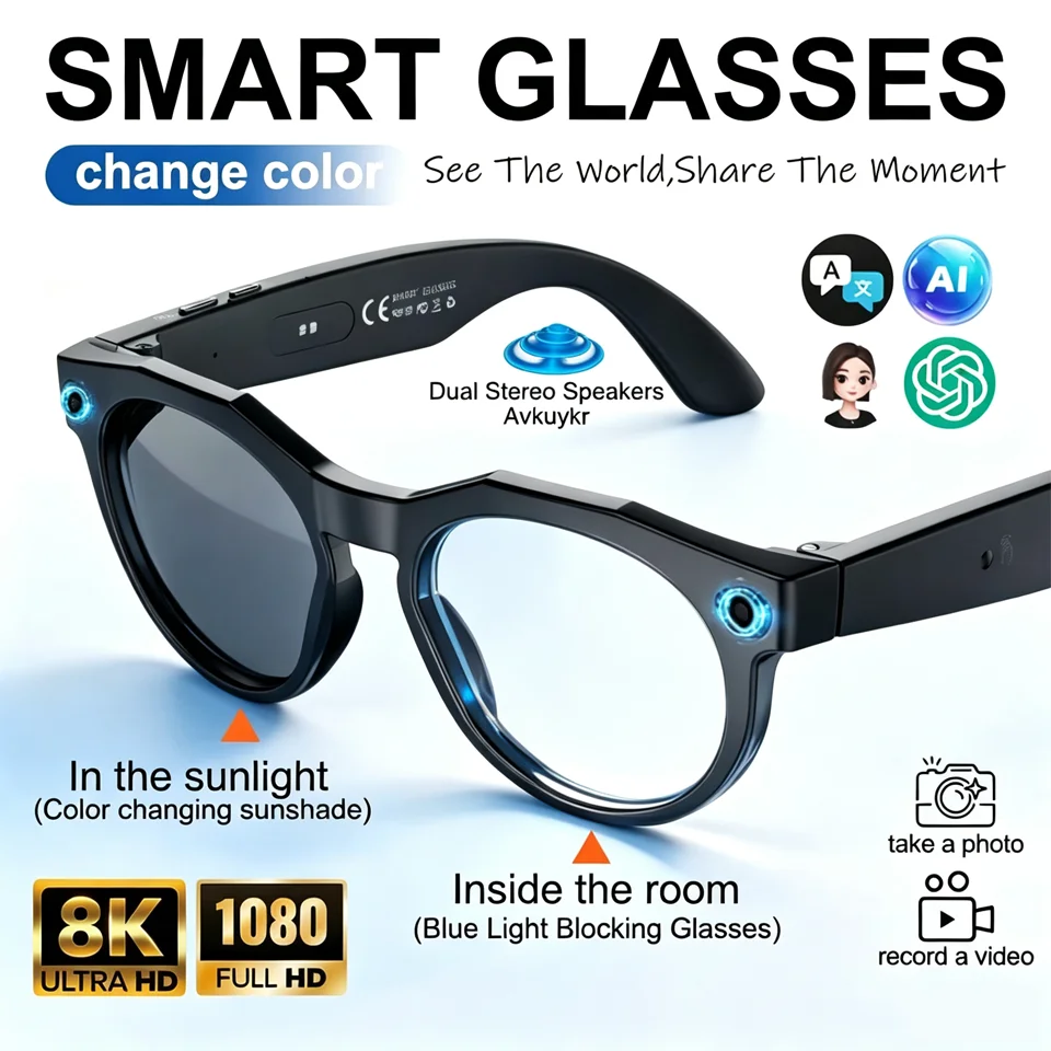 2026 New 800W Pixel Smart Glasses for Men with Video Recording AI Photo Recognition Bluetooth Call & Voice Translation Sunglasse