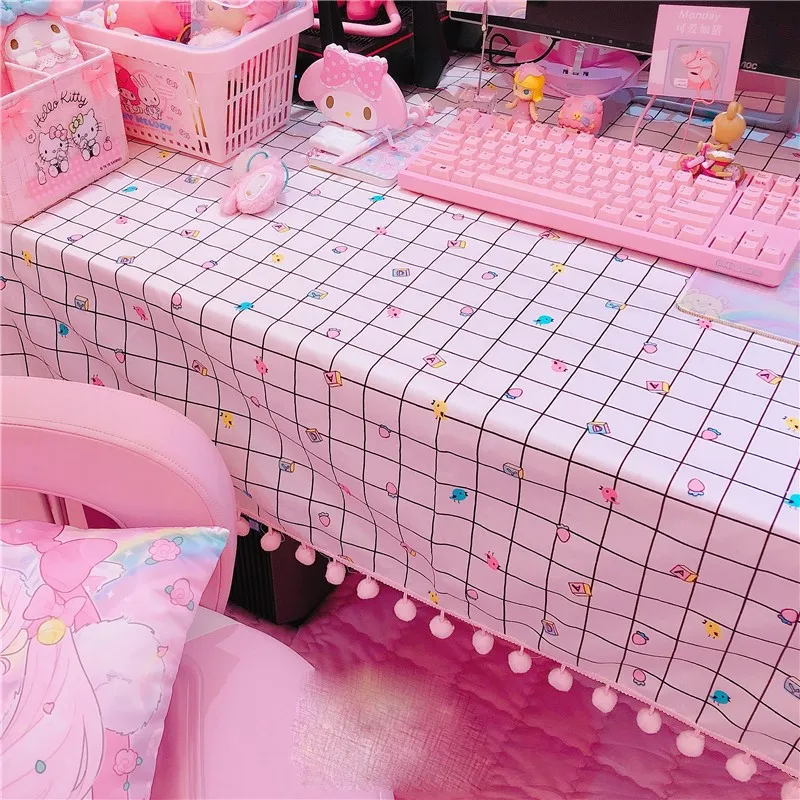 Pink Tea Table Tablecloth Cute Plaid Desk Cloth Dormitory Computer Wallpaper Table Mat Home Room Decoration Table Cover ZG06