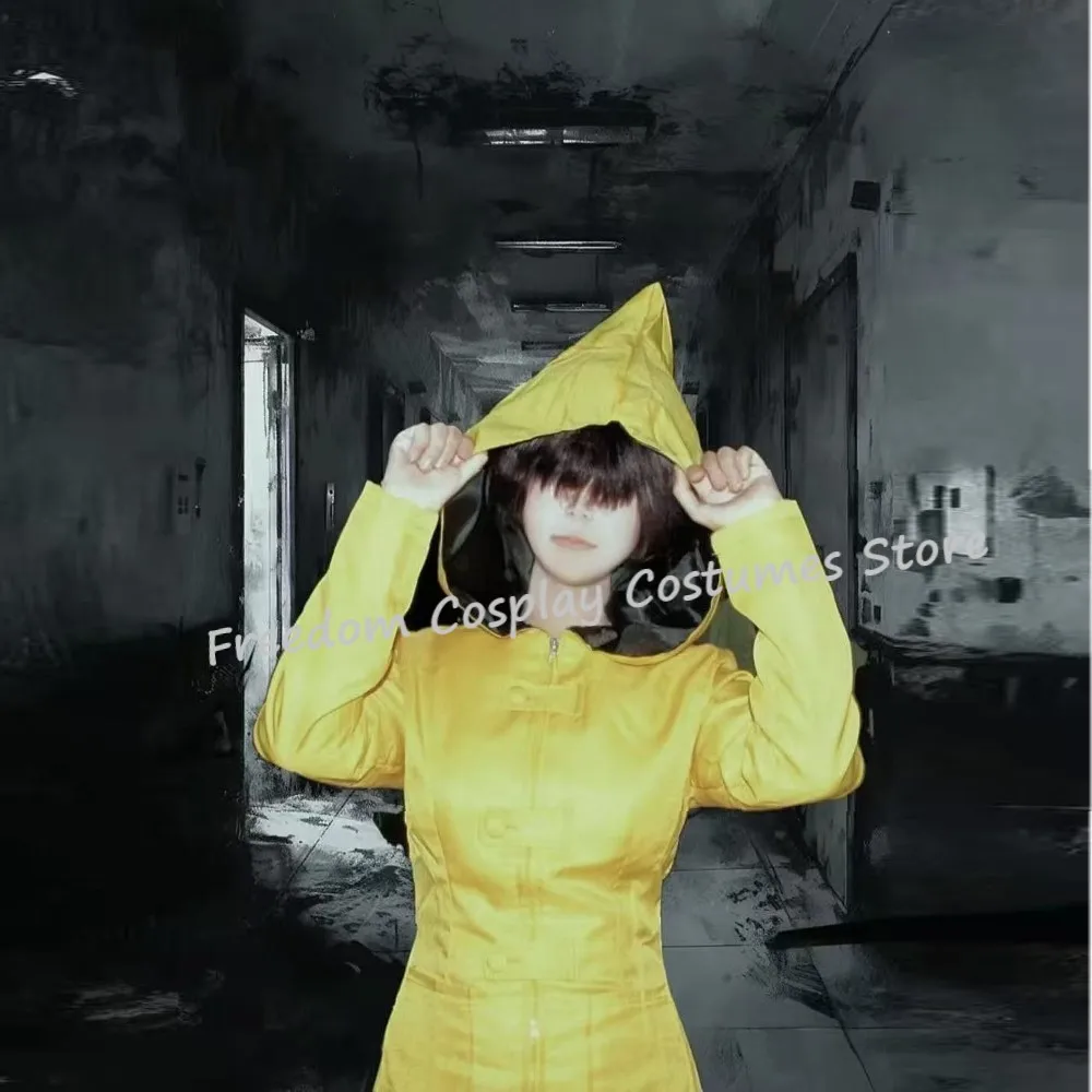 Disfraz de Anime Game Little Nightmares 2 Six, disfraz de Cosplay, abrigo amarillo, uniforme, traje de fiesta de Halloween para hombres y mujeres