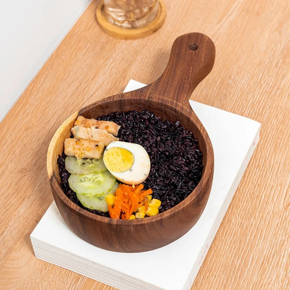 Sichere Schüssel aus massivem Holz für Kimchi, runde Schüssel, dicke Schüssel für Instantnudeln mit Griff, originelle Holzmaserung, Lebensmittelbehälter für Zuhause.