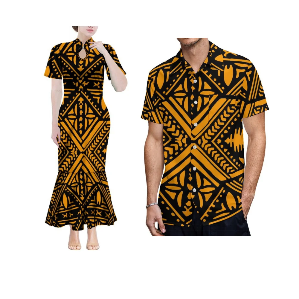 Design de emagrecimento feminino waterdrop gola alta saia rabo de peixe verão personalizado camisa masculina polinésia roupas de casal