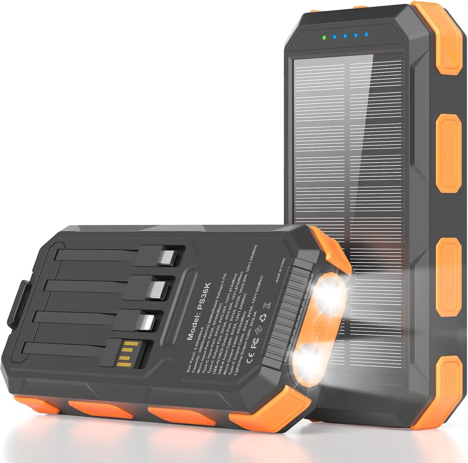 

Солнечный зарядный блок Power Bank 38800 мАч, быстрая зарядка PD 22.5 Вт с 4 встроенными кабелями и двумя светодиодными фонарями для использования на открытом воздухе
