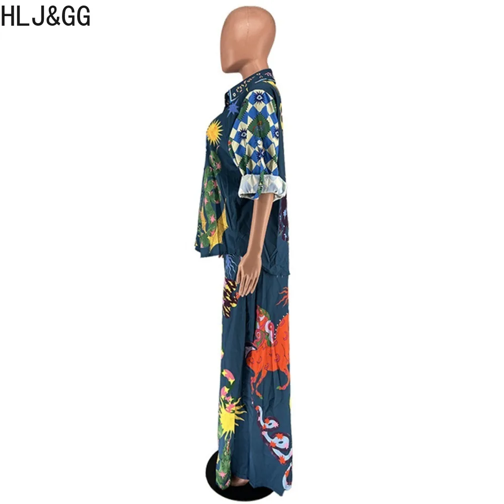 HLJ&GG Casual Pattern Print Wide Leg Pants Two Piece Sets For Women Button Short Sleeve Top And Pants Outfits Female Clothing