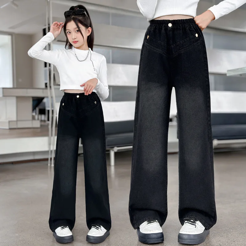 Teenager Mädchen Breite Bein Jeans kinder Frühling Herbst Koreanische Casual Retro Schwarz Denim Hosen Kinder Mode Elastische Taille Hose
