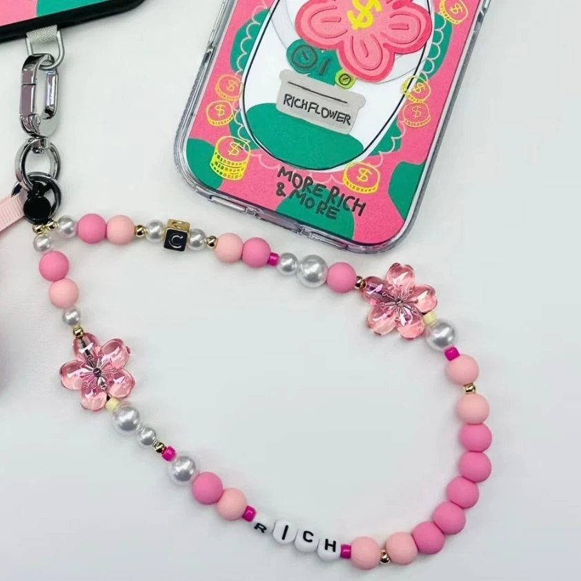 

Pink Flower Rich Universal Phone Charm Straps Short Lanyard Phone Hanging Chain Wristband Bracelet