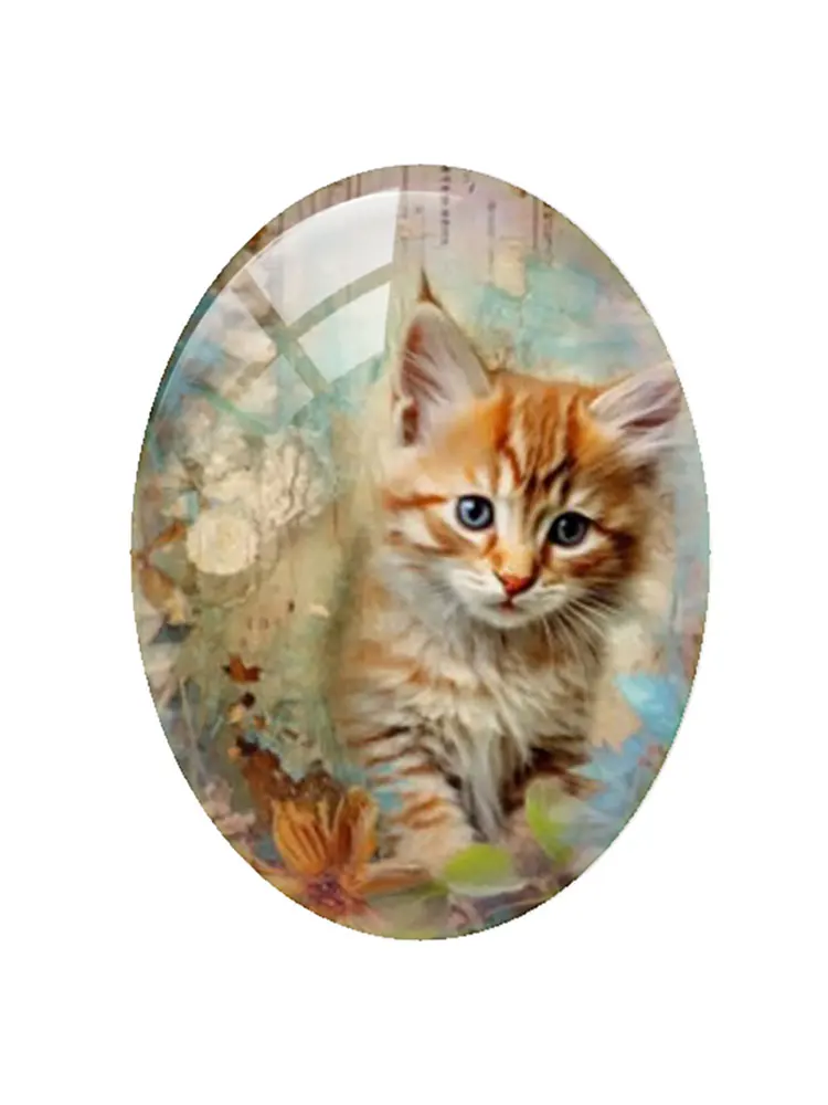 10pcs/lots Oval Photo Glass Cabochon Charms Cute Retro Cats Demo Flat Back Cameo For Diy Jewelry Making Finding Accessories